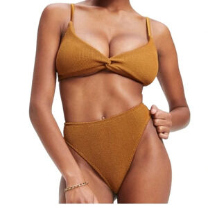 NEW Good American Always Fits Women Large Brown Bronze  Crinkle Twist Bikini Top